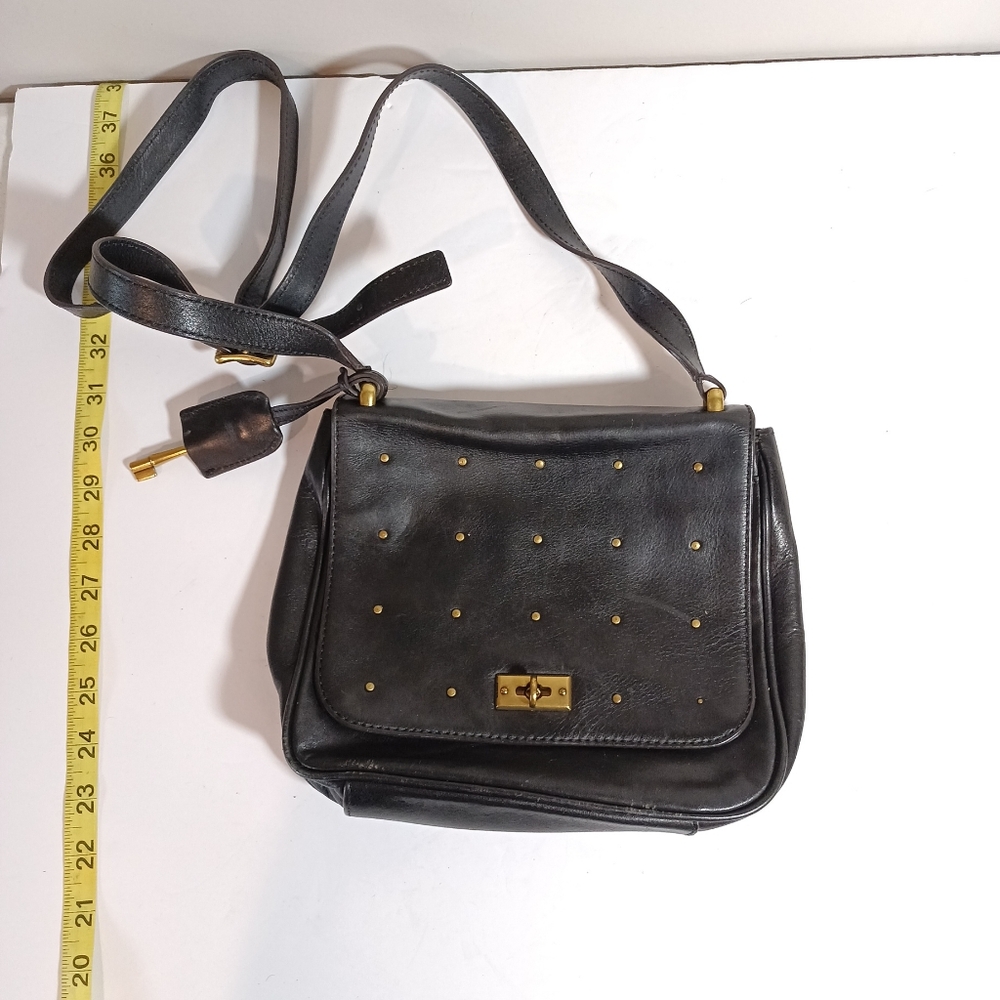 Fossil Brass Studed Black Leather Mini Vintage crossbody Bag Y2K